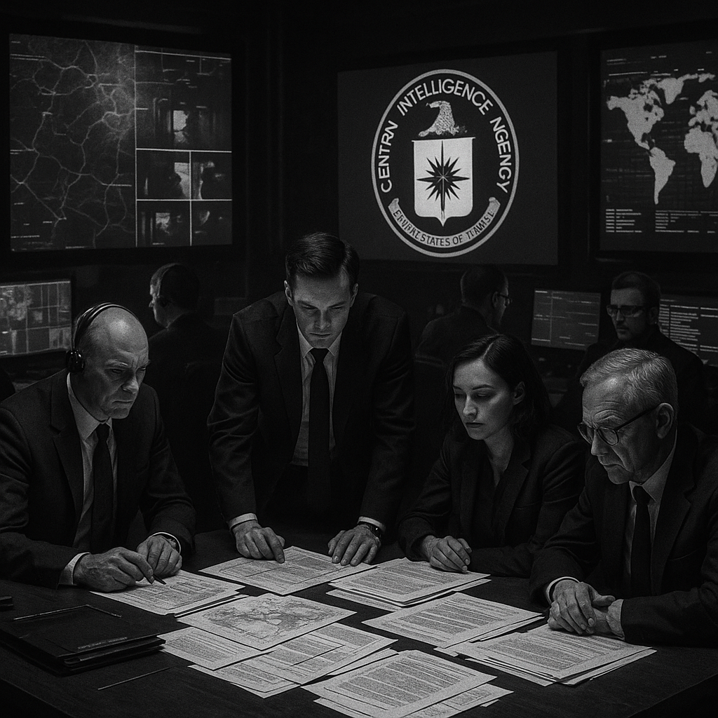 The scene unfolds in a stark blackandwhite aesthetic emphasizing the highstakes environment of a CIA command center Dimly lit the room is filled with an array of large flickering screens displaying maps surveillance footage and realtime data streams-1