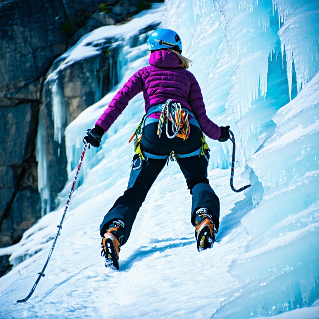 A woman ice climbing, charting her own path, with high agency. 