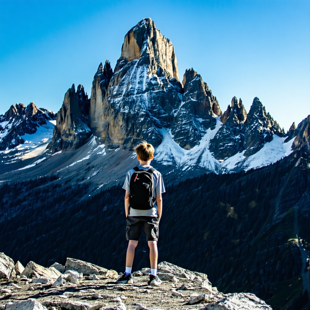 Motivated high school student standing at the base of a mountain, looking upward with determination and ambition, symbolizing high agency and goal-oriented mindset