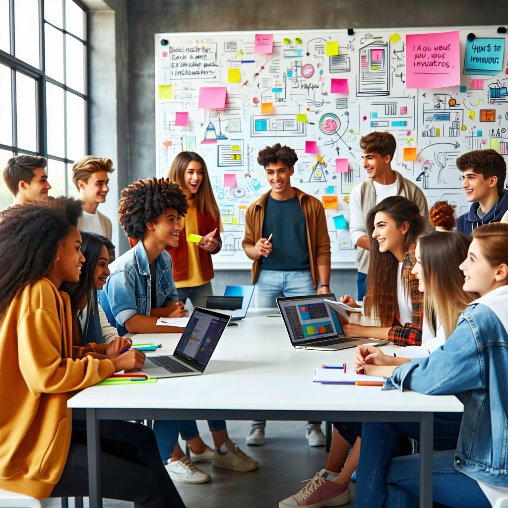 Diverse group of high school and college students collaborating on a creative project, demonstrating teamwork, initiative, and high-agency learning